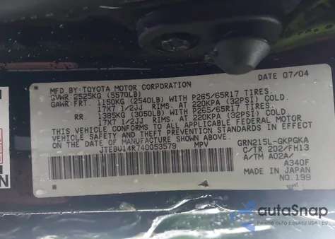 2004 Toyota 4Runner Sr5 Sport V6 z USA, uszkodzony, nr VIN JTEBU14R740053579